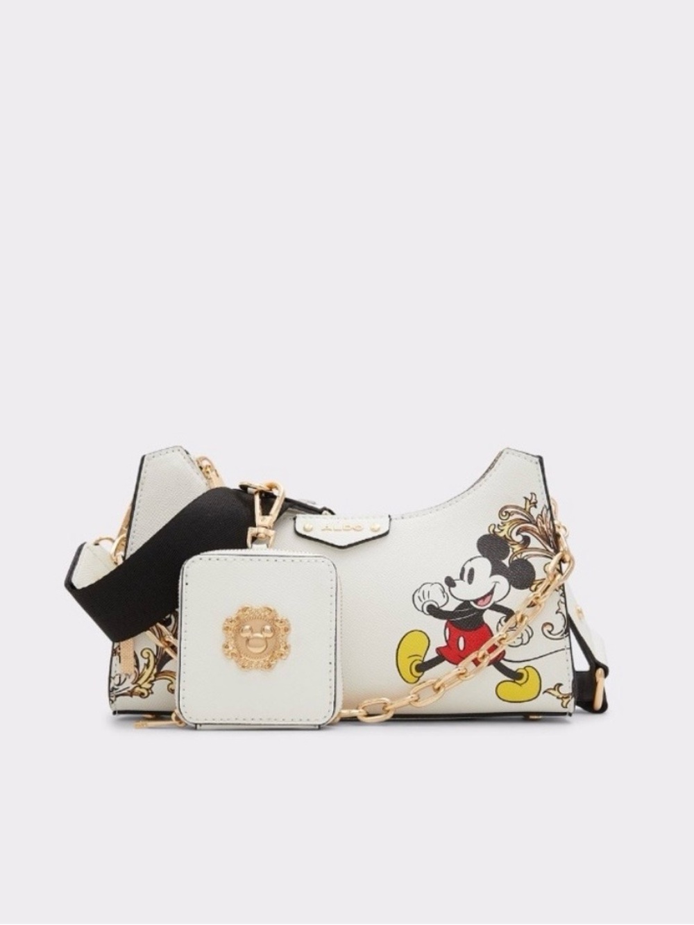 Aldo White Mickey Mouse Print Shoulder Bag with Black Strap